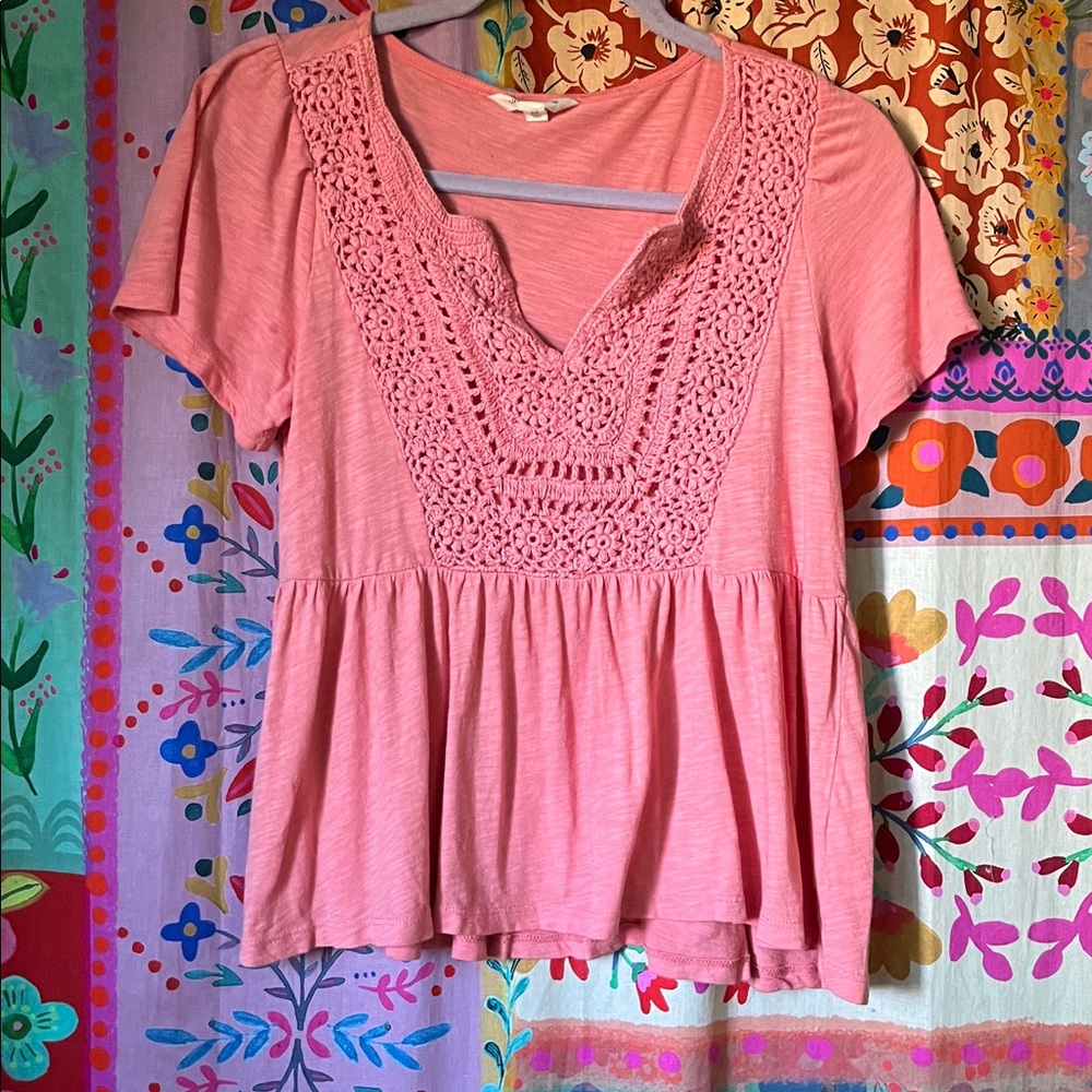 LUCKY BRAND Boho Crochet Bodice Pink Blouse (Small Flaw) Size XS